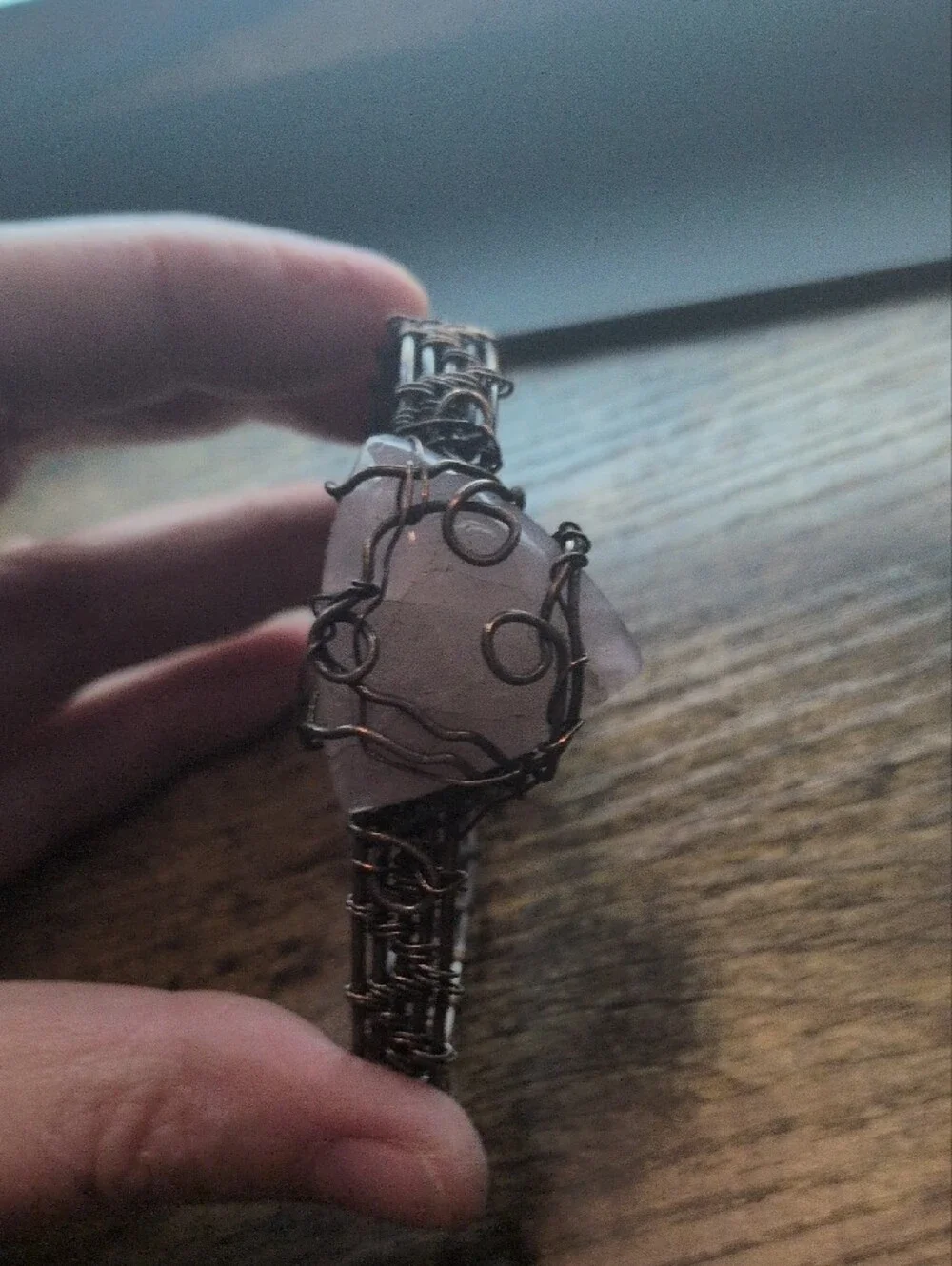 Handcrafted Rose Quartz Wire-Wrap Bracelet - Pink